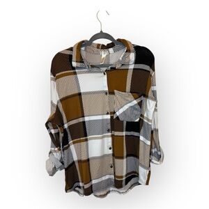 NYC Brown Plaid Roll-Tab Sleeve Button-Up Blouse Y2K Size 3X